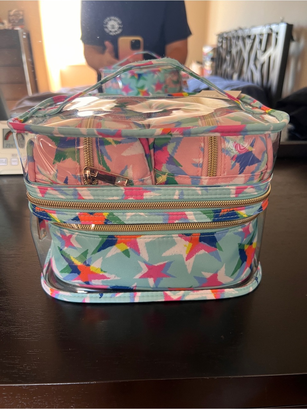 Indigo Star Print Clear-Top Cosmetic Case in Aqua and Pink